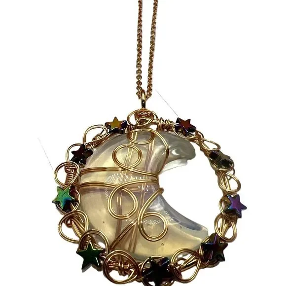 New Opal Copper Wire Wrapped Moon Pendant Gold Tone Necklace - Picture 11 of 13